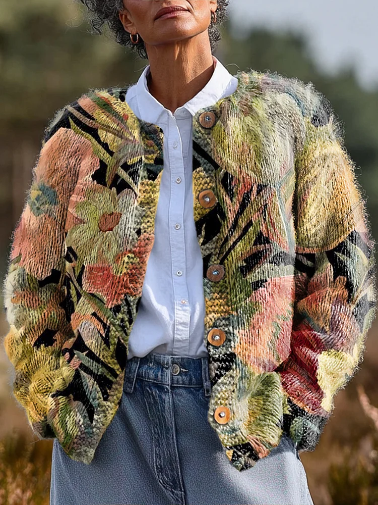 Vintage Beautiful Large Flower Painting Art Print Buttoned Cardigan Sweater