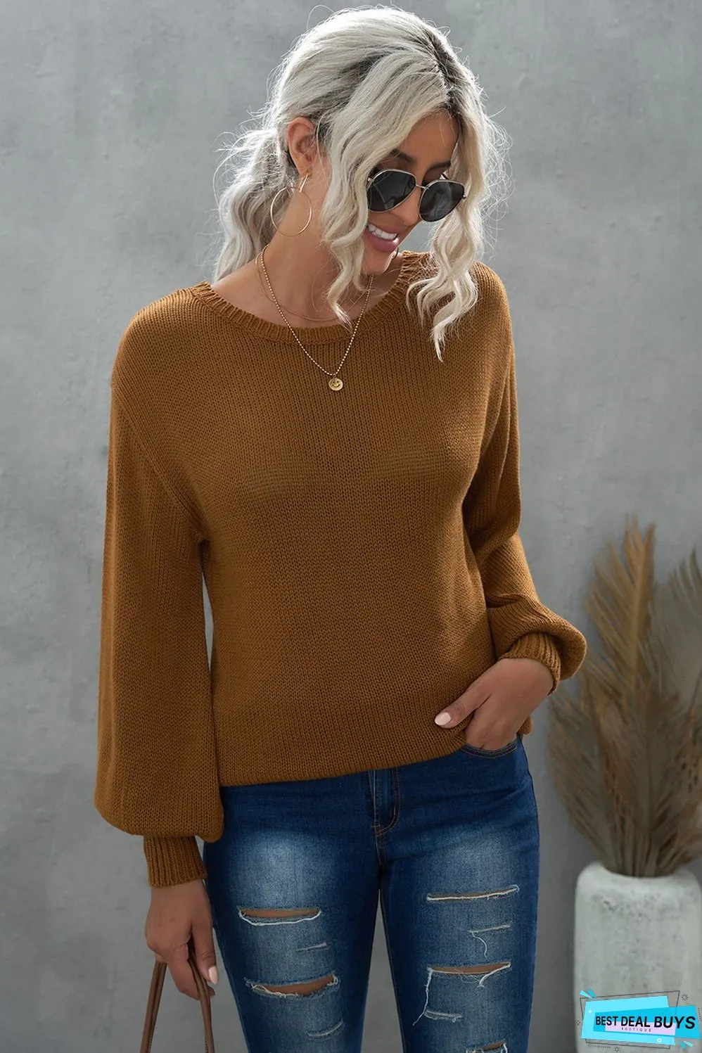 Tied Balloon Sleeve Round Neck Sweater