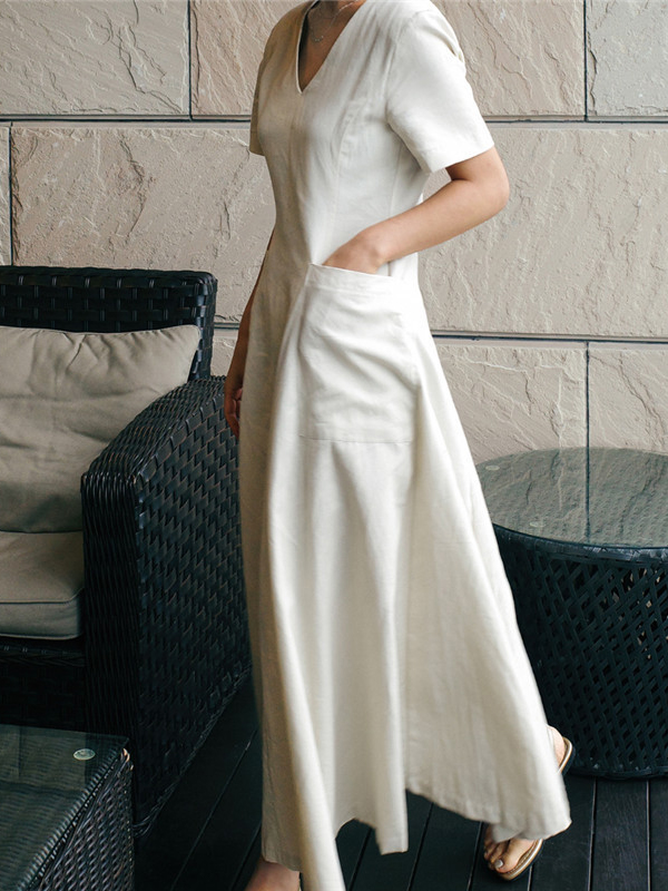 V Neck Short Sleeve Solid Color Linen Midi Dress