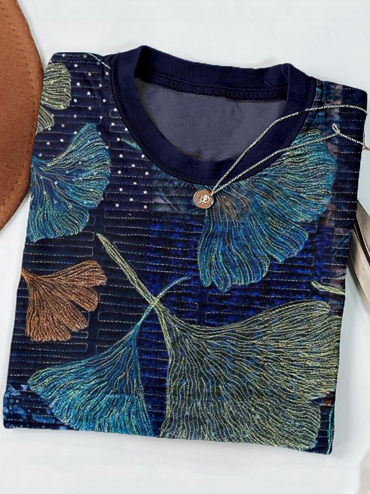 Comstylish Ginkgo Leaves Embroidery Comfy T Shirt