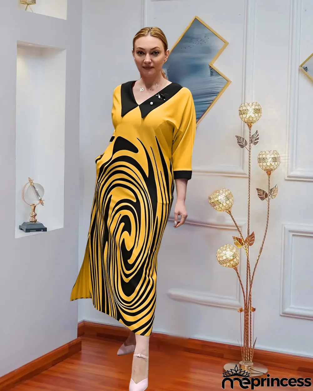 Fall Print Women's A-Line Skirt with Pockets Plus Size Dress