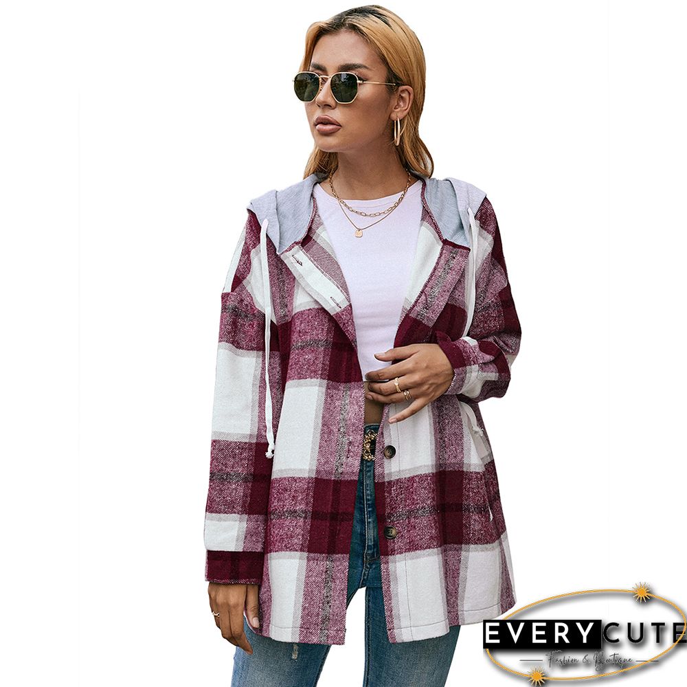 Wine Red Plaid Hooded Shirt Jacket