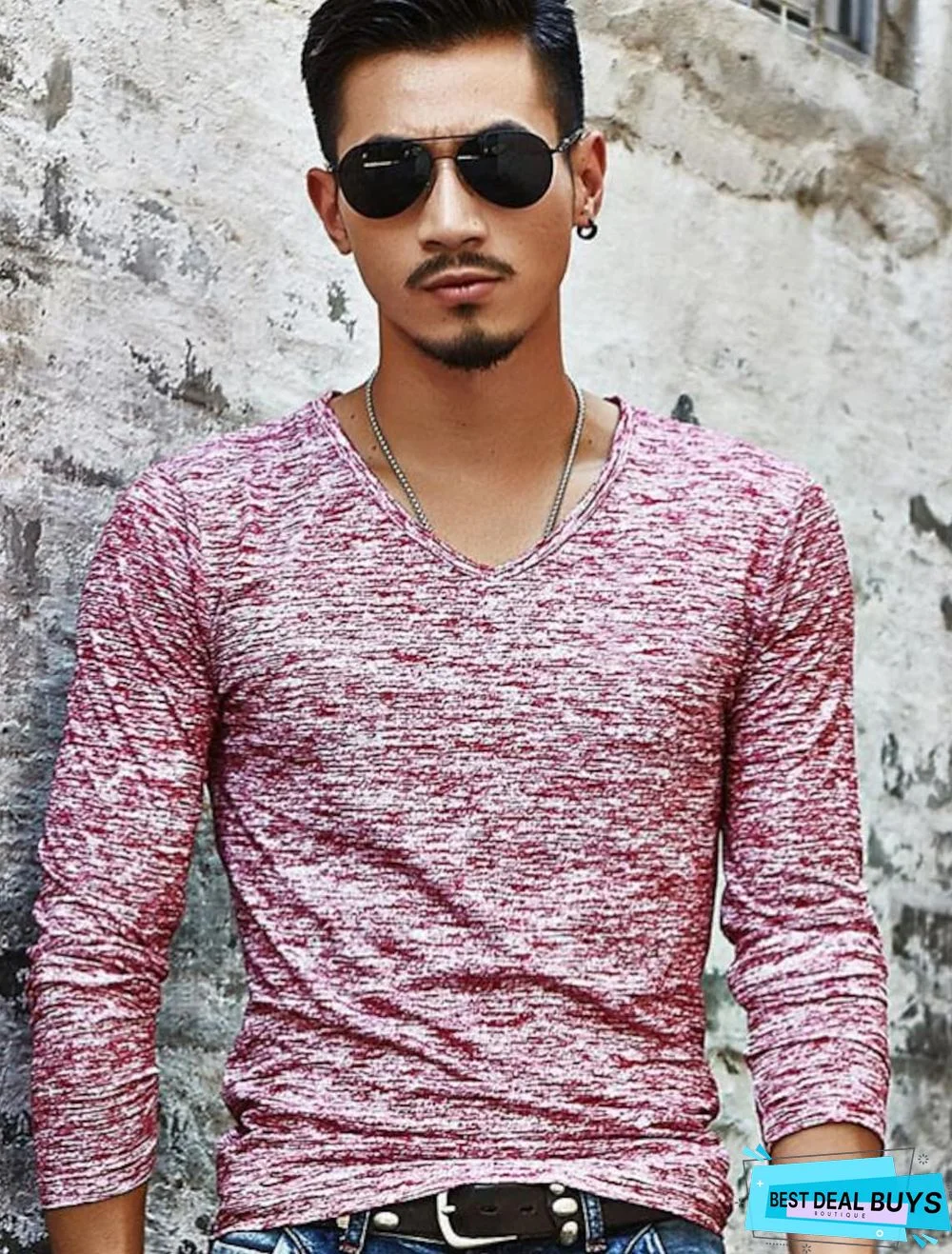 Men's T-Shirt Graphic Solid Colored Print Long Sleeve Daily Slim Tops Basic V Neck Blue Fuchsia Black / Fall / Spring