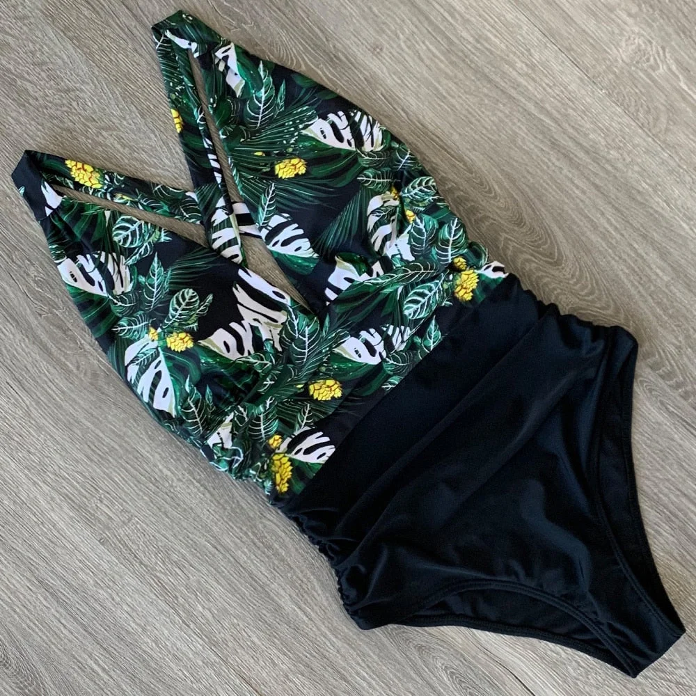 2022 New Sexy One Piece Swimsuit Female Floral Women Swimwear Push Up Bathing Suits Bodysuits Beach wear Deep V-neck Monokini