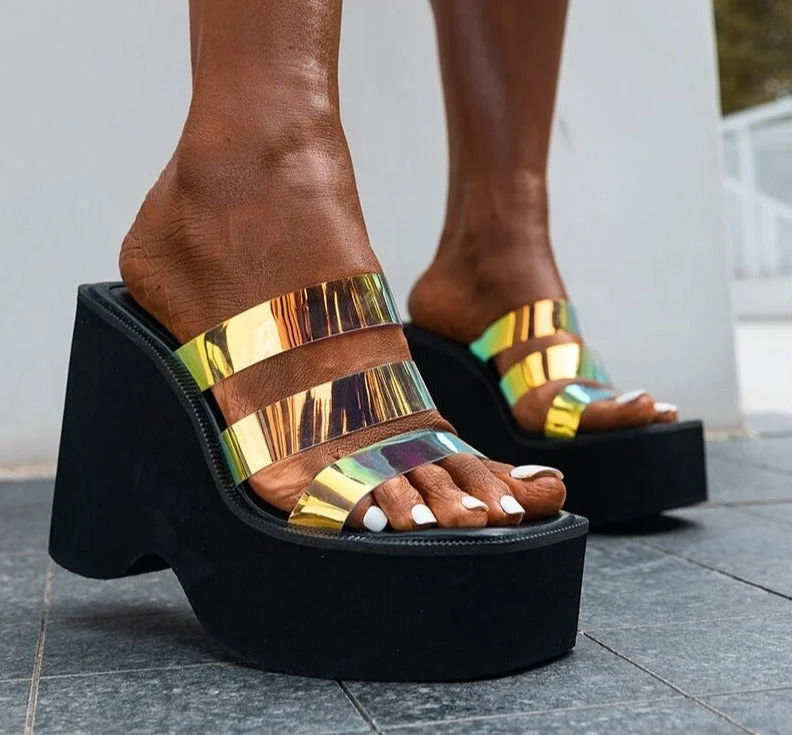 Vstacam Big Size 43 Summer Black White Chunky Heeled Mules High Heels Leisure Trendy Platform Wedges Sandals Shoes For Women