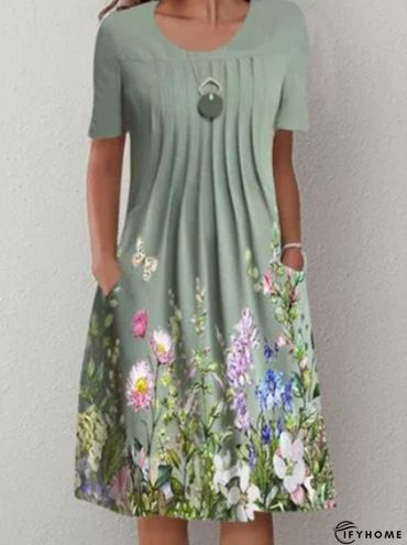 Floral-Print A-Line Short Sleeve Weaving Dress | IFYHOME