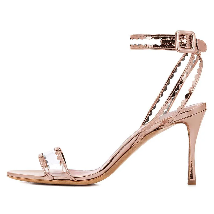 Rose Gold transparent PVC Ankle Strap Heels Sandals |FSJ Shoes