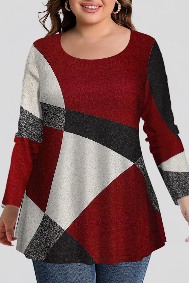 Flycurvy Plus Size Casual Burgundy Colorblock Stitching Print Long Sleeve T-Shirt  Flycurvy [product_label]