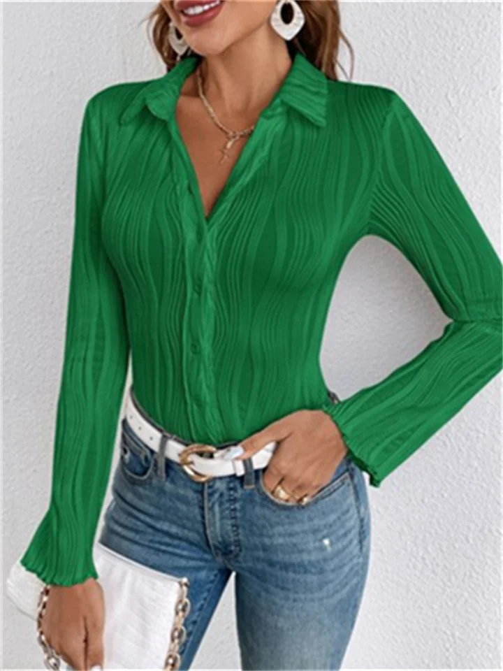 Women's Casual Fashion Ruffles Slim Type with Elastic Long-sleeved Temperament Commuting Solid Color Shirt-Cosfine
