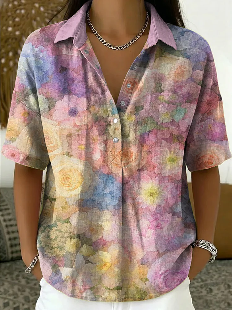 Women's Vintage Floral Art Print Cotton-linen Short-sleeve Shirt
