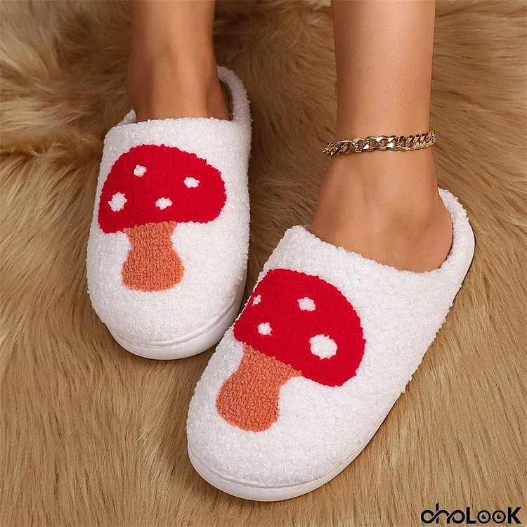 Casual Keep Warm Red Mushroom Fluffy Home Slippers