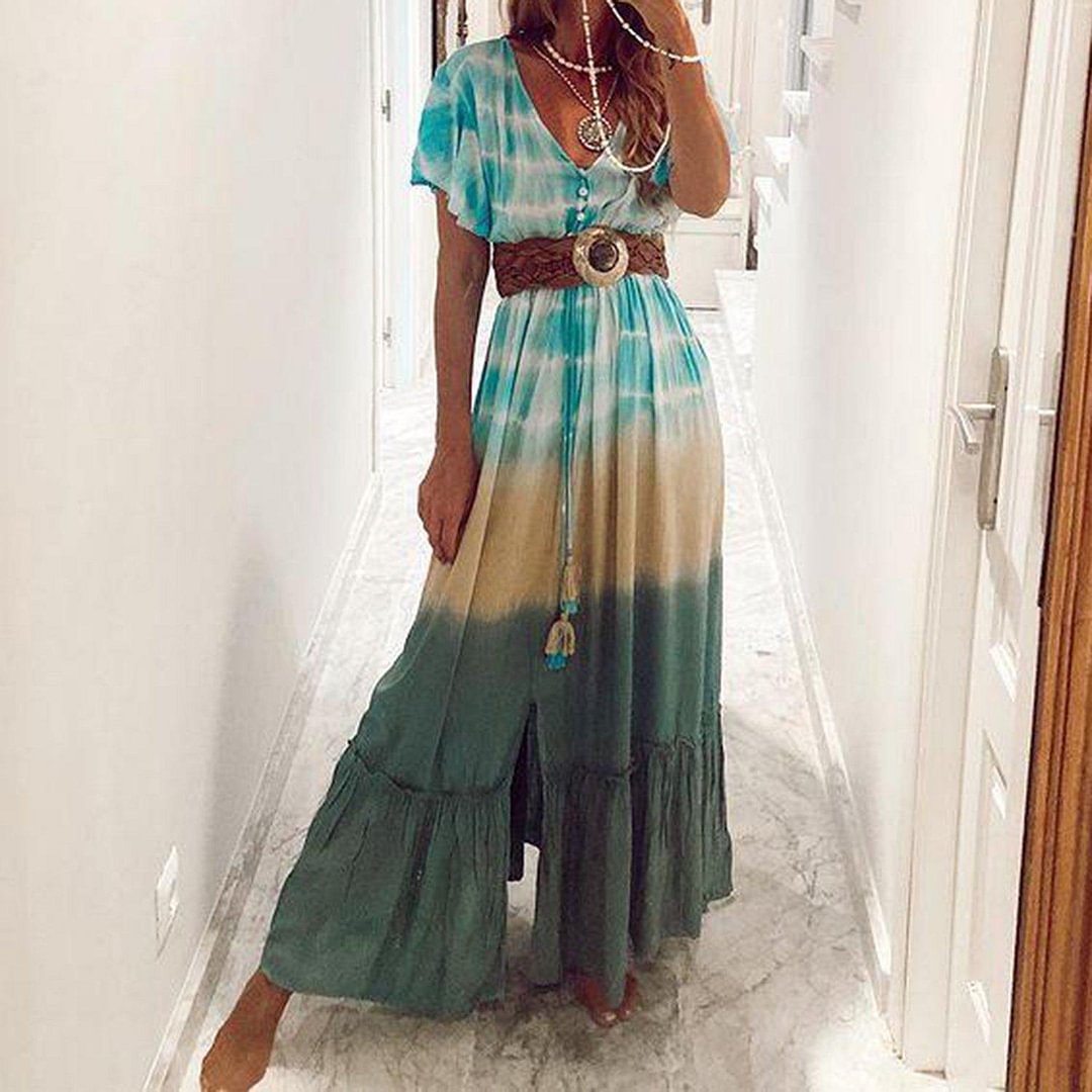 Casual Print Short Sleeve Maxi Dress