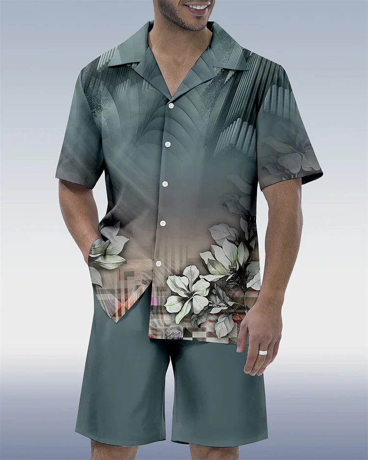 Men's Ombre Contrast Ethnic Print Hawaiian Vacation Short Sleeve Suit 071