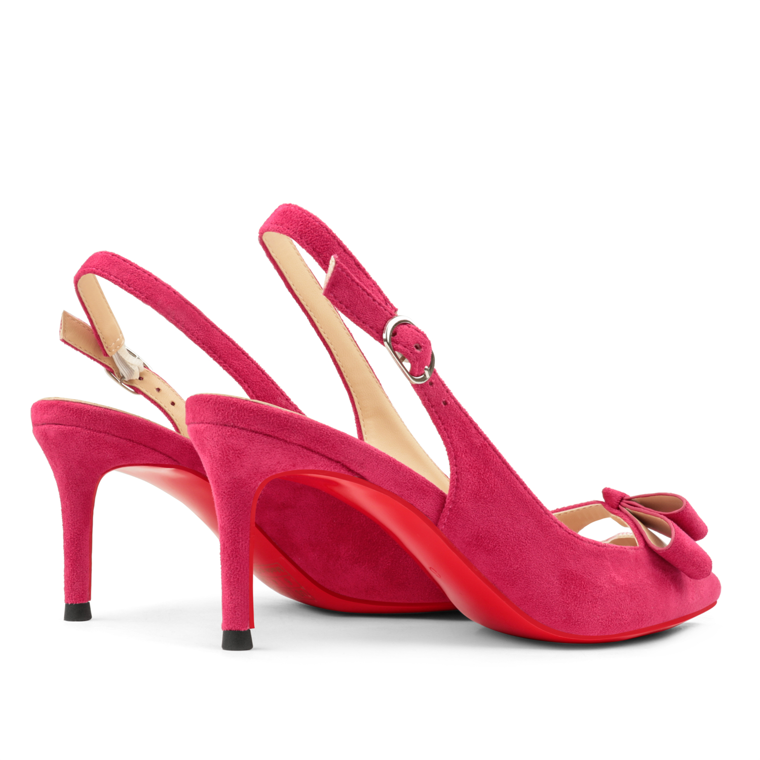 65mm Women's Pointed Toe With Bows Kitten Stillettos Slingback Red Bottoms Prom Suede Sandals-vocosishoes