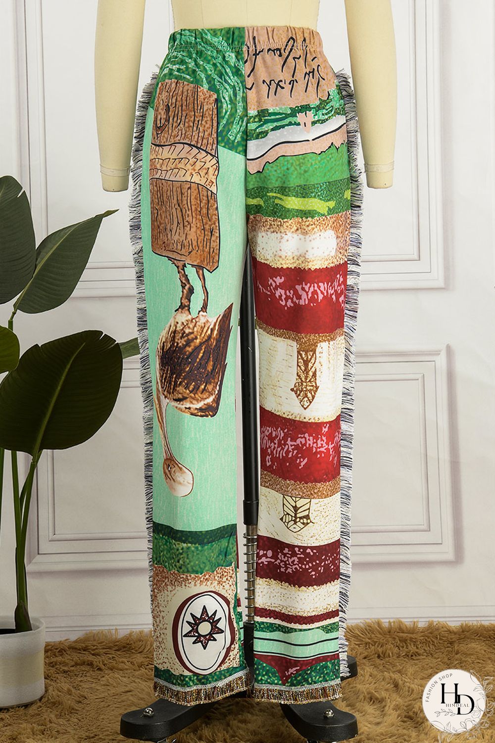 Sky Blue Casual Print Tassel Patchwork Regular High Waist Conventional Full Print Trousers