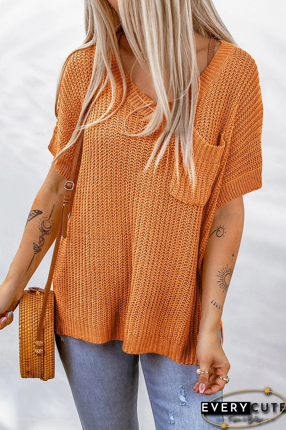 Orange Chest Pocket Knit Short Sleeve Top