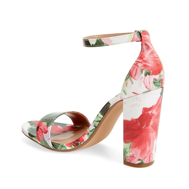 Women's Flower Open Toe Chunky Heel Floral Heels Ankle Strap Sandals |FSJ Shoes