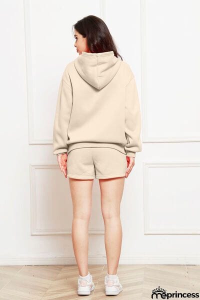 Drop Shoulder Long Sleeve Hoodie and Shorts Set