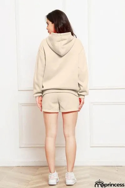 Drop Shoulder Long Sleeve Hoodie and Shorts Set