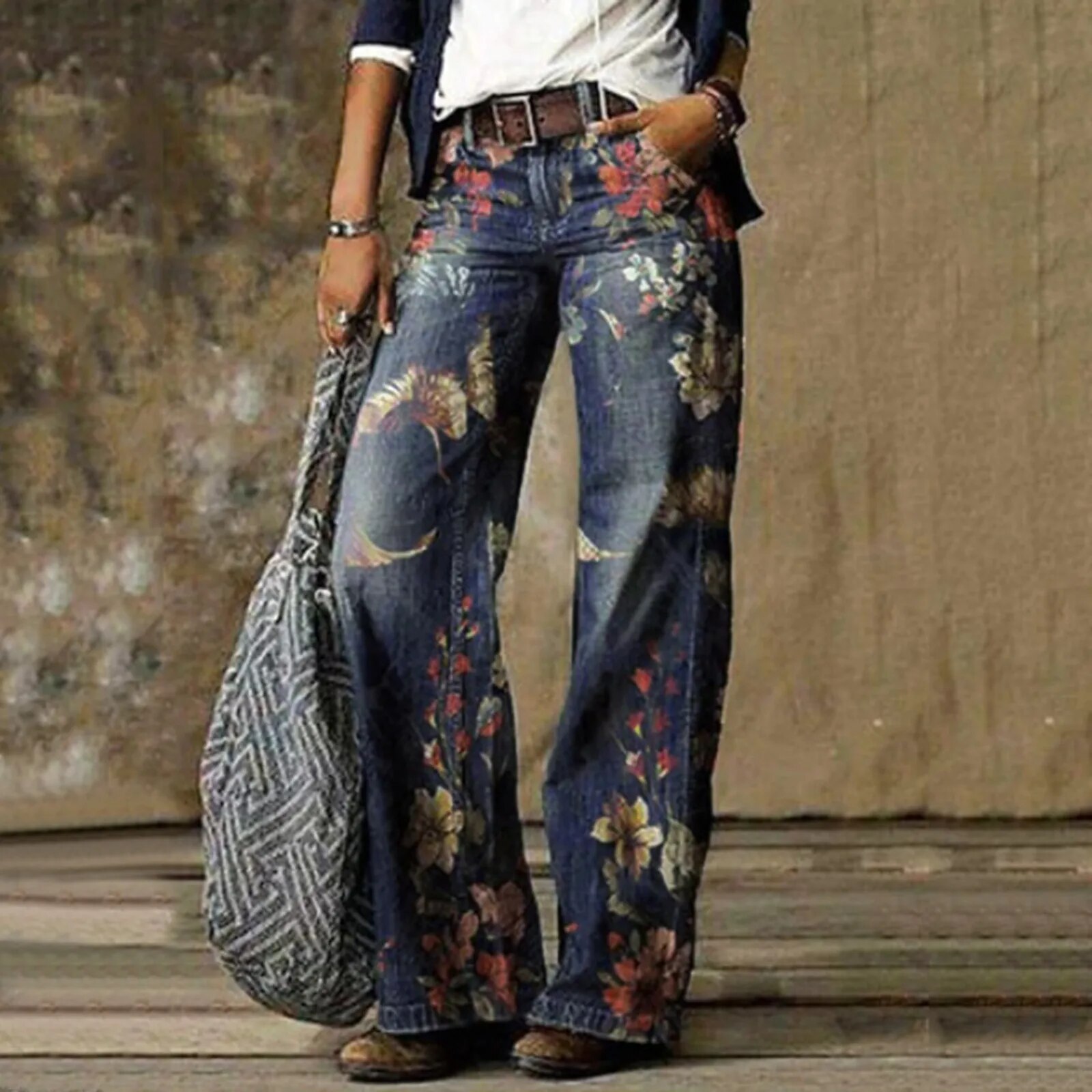 Ladies Casual Jeans Long Pants Fashion Women Printed Pants Waxed Denim Women