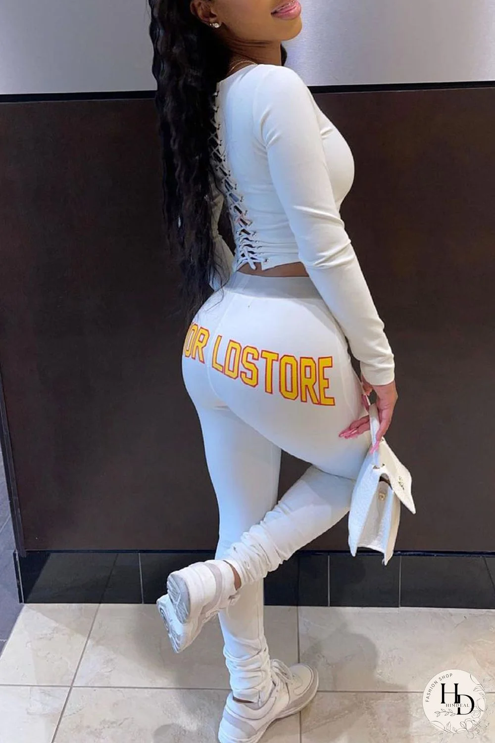 Black Sexy Print Bandage Hollowed Out Split Joint O Neck Long Sleeve Two Pieces