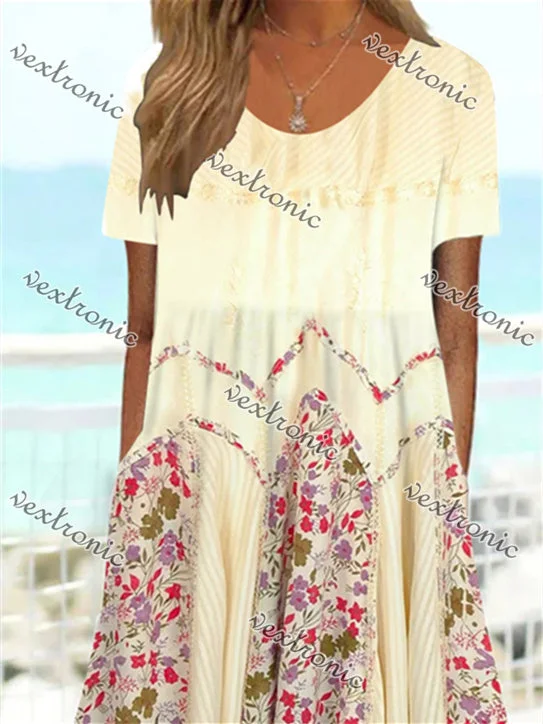 Women Short Sleeve Scoop Neck Floral Printed Stitching Maxi Dress