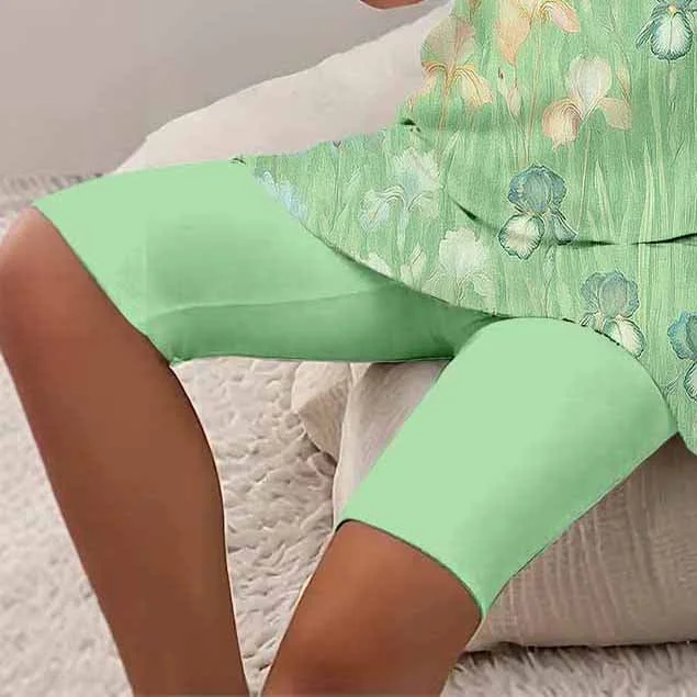 Women Floral, Green, Yellow DZCJ0591 Short Sleeve Tops and Shorts Plus Size