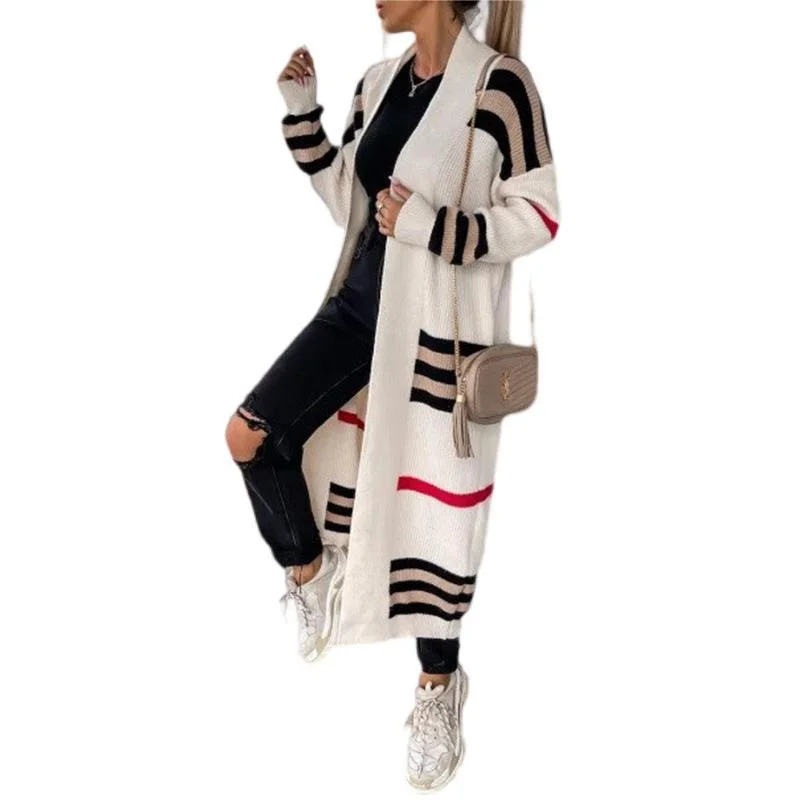 Athvotar Athvotar Long Striped Knitted Cardigan Large Version Of Loose Long-Sleeved Sweater Coat Woman