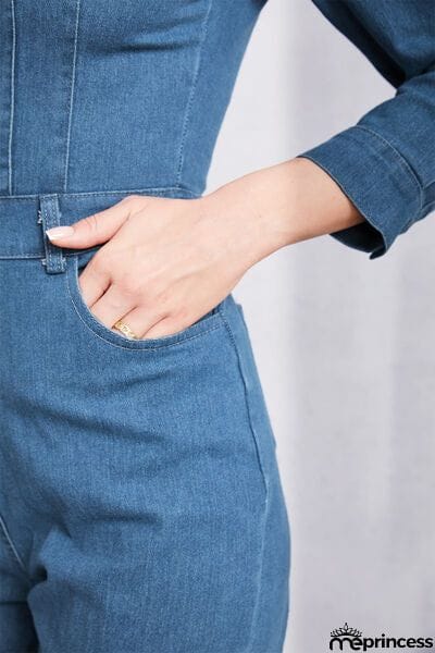 Snap Down Denim Jumpsuit with Pockets