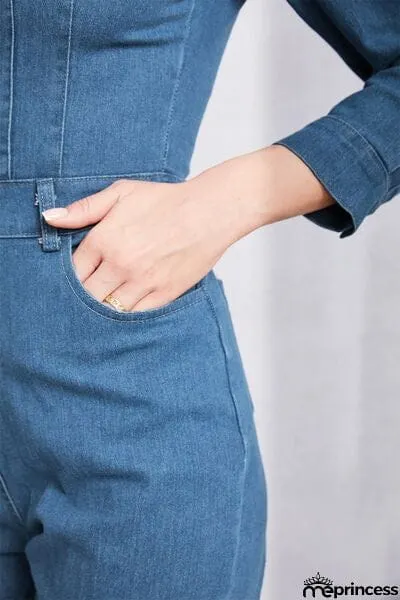 Snap Down Denim Jumpsuit with Pockets