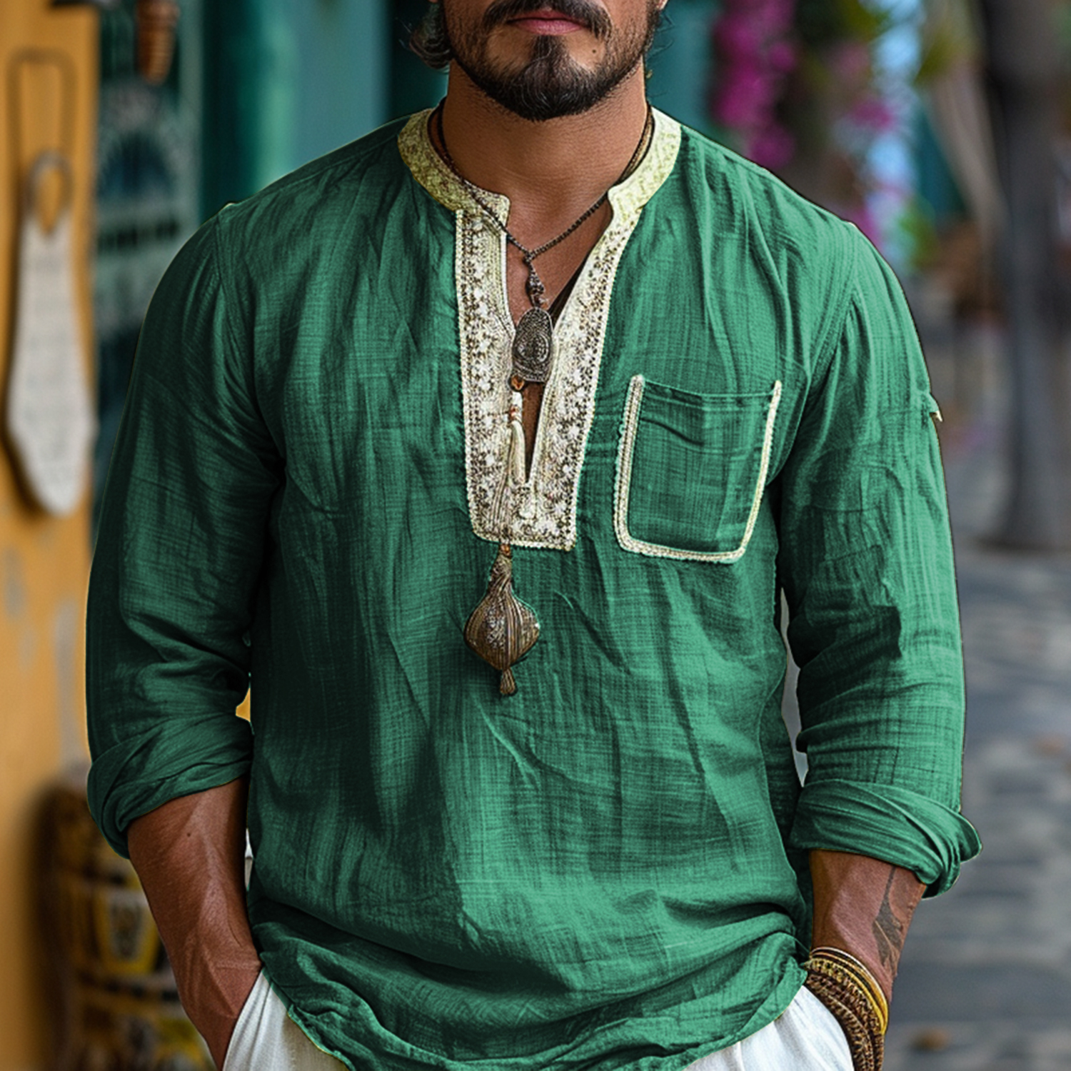 Vacation Lace Pocket Design Long Sleeve Shirt