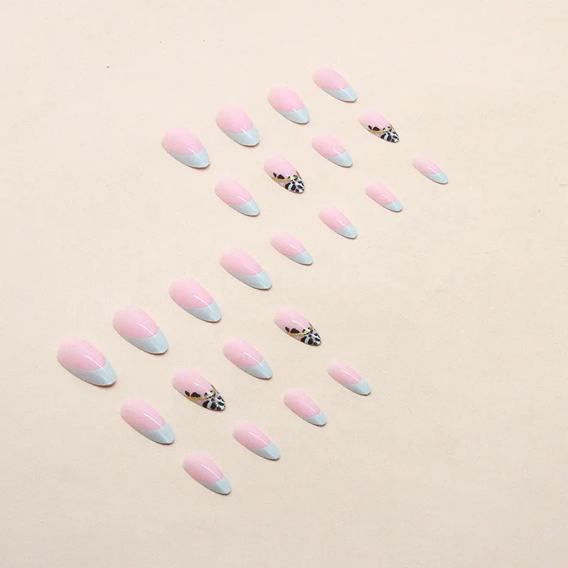 Churchf Churchf Lake Green French Leopard Print Gold Pink Almond Nail Ins Wind Round Head Fake Nail Wearable Beautiful Nail Piece