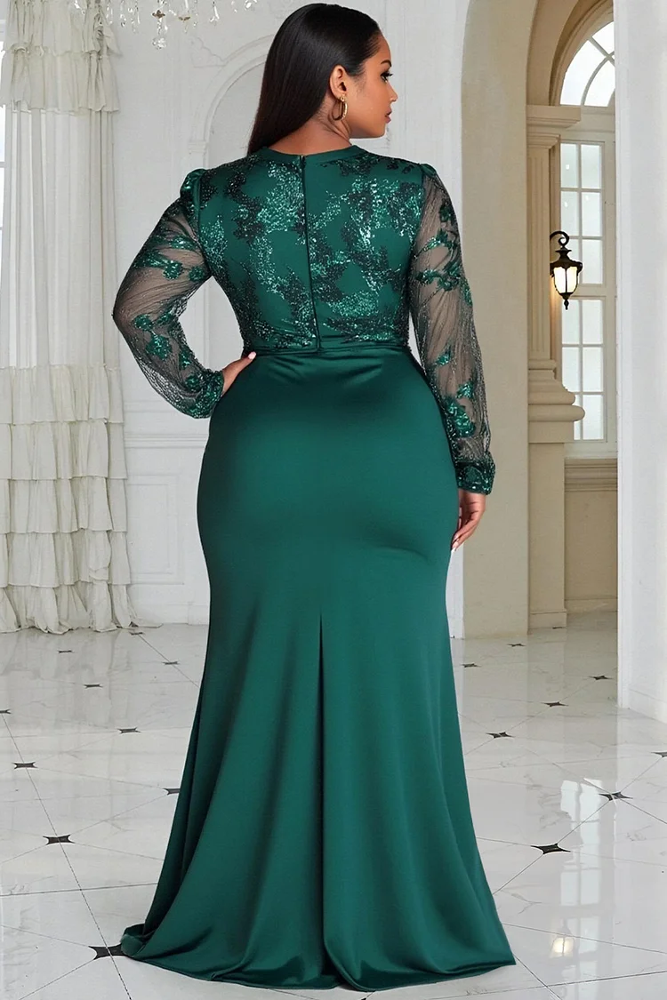 Xpluswear Design Plus Size Wedding Guest Green Round Neck Long Sleeve Split Elegant See Through Sequin Maxi Dresses [Pre-Order]