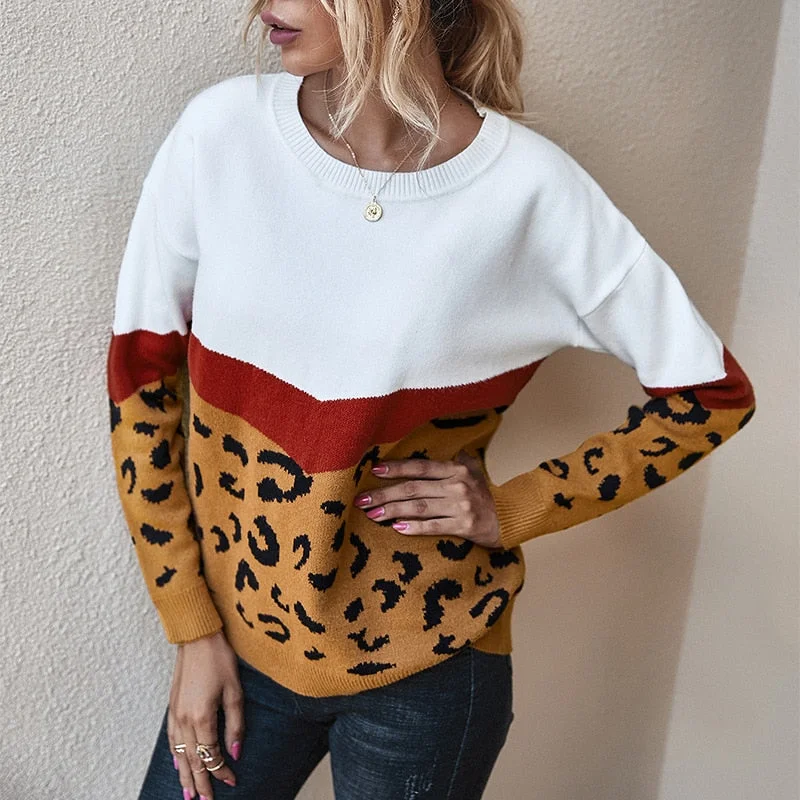 Graduation Gifts  Loose Knitted Crop Sweater Leopard Sweater Women Fall Fashion O-Neck Pullovers Sweaters Full Sleeves