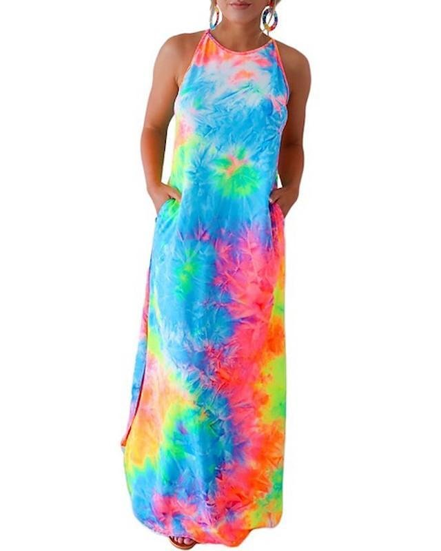 Women's Strap Dress Maxi long Dress Sleeveless Tie Dye Summer Casual Rainbow S M L XL - VSMEE