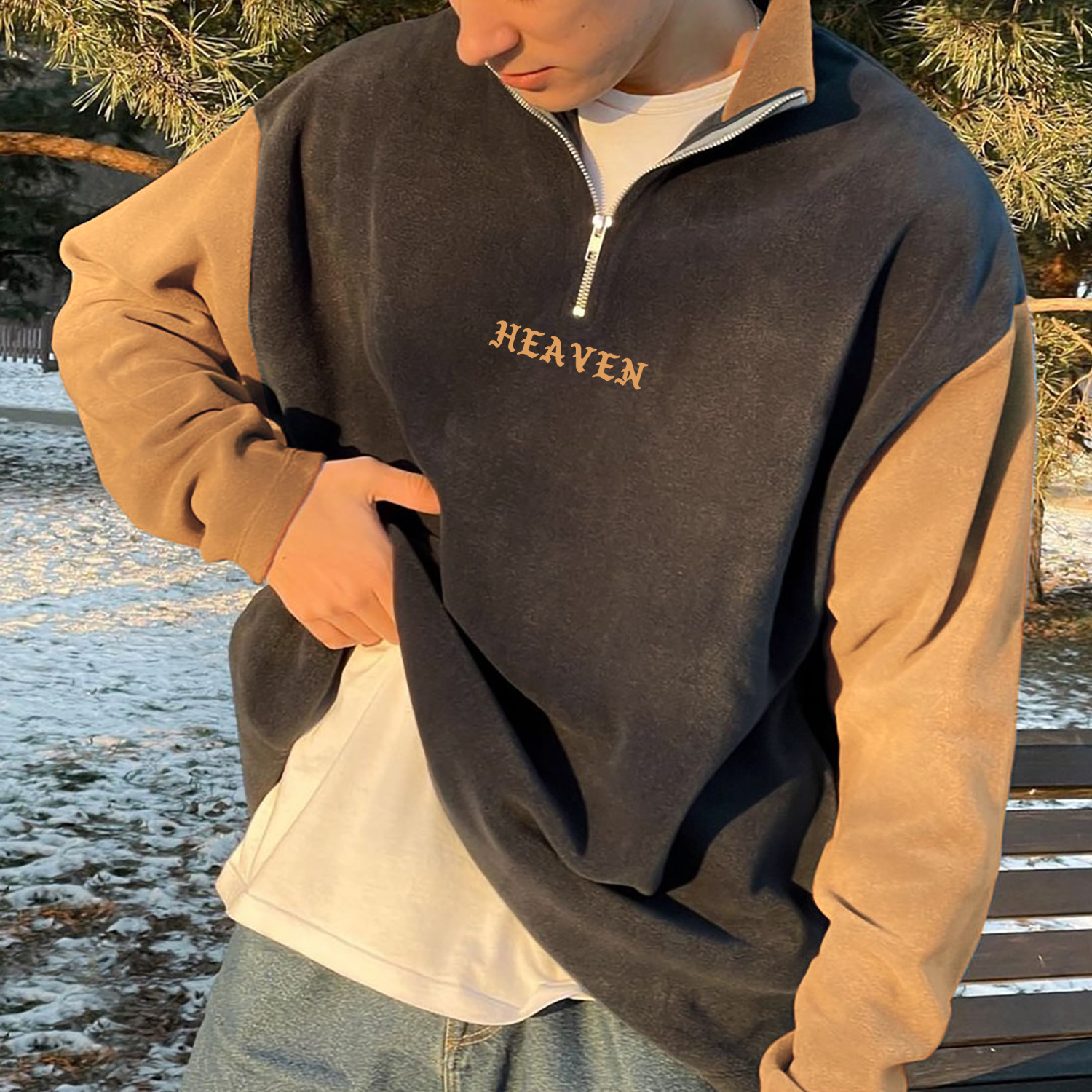 Retro Heaven Neutral Contrast Polo Zip Stand Collar Sweatshirt / [blueesa] /