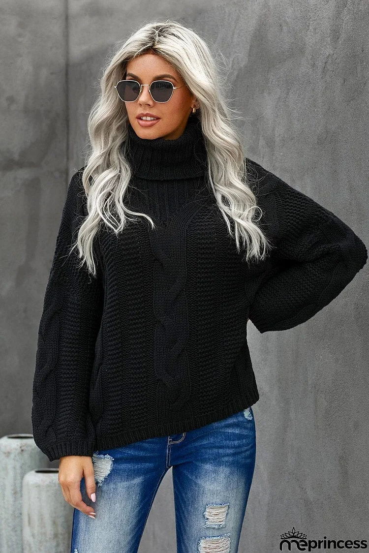 Winter Black Oversize Turtleneck Textured Womens Sweater