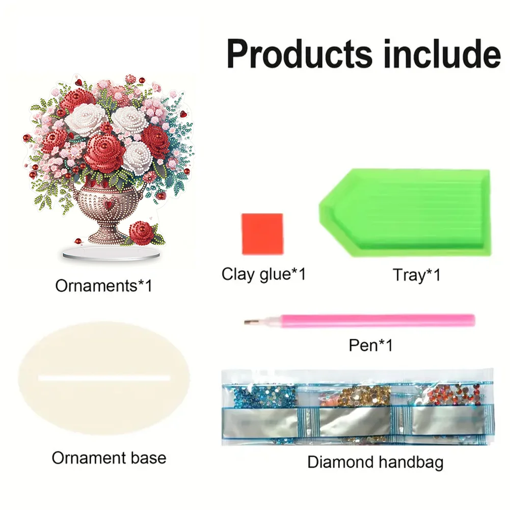 DIY Rose Vase Acrylic Table Top Diamond Painting Ornament Kits for Office Desktop Decor