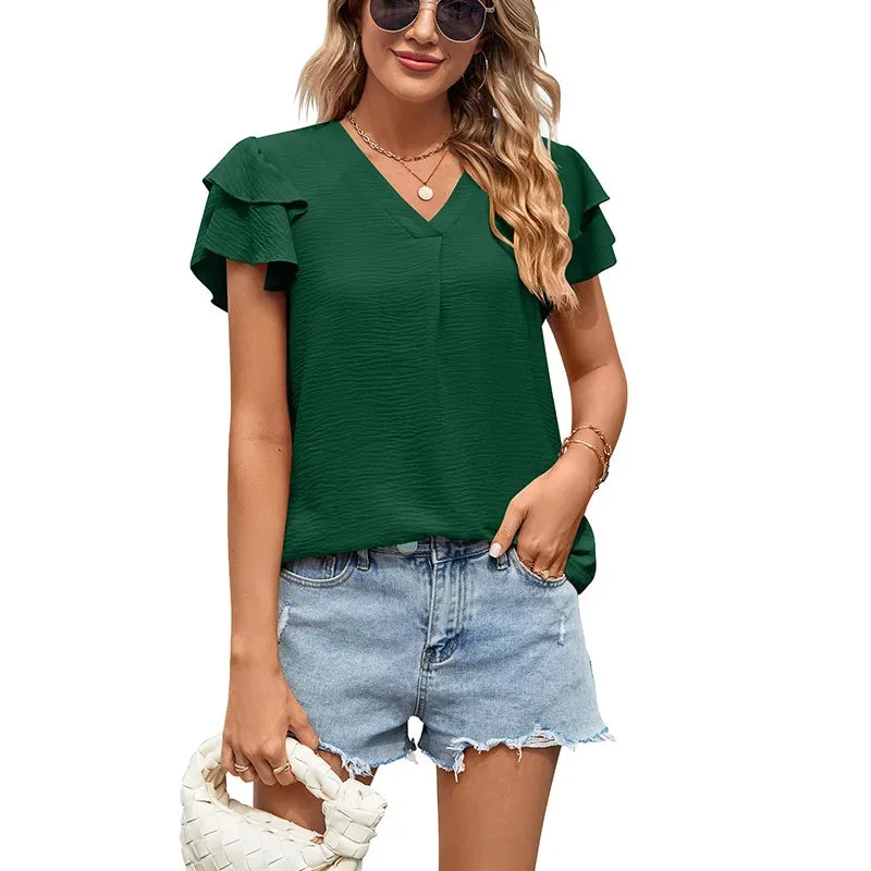 Huiketi Women's White Blouses Summer V-neck Ruffles Short-sleeve Loose Casual Shirt Women Vintage Pullover Top Streetwear Female Clothes