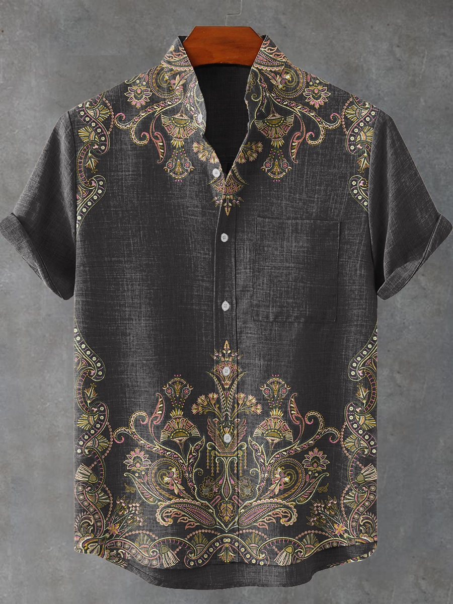 Symmetrical Paisley Plant Pattern Casual 100% Cotton Shirt