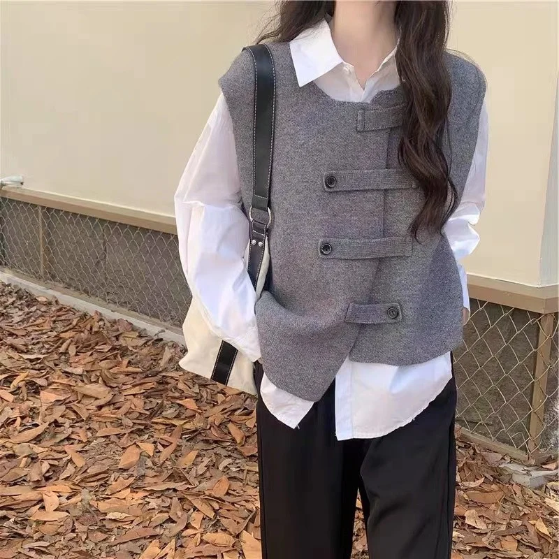 Ueong Fall Korean Irregular Loose Sweater Vest Lazy Wind Double-Breasted Knitted Vest Women's Cardigan