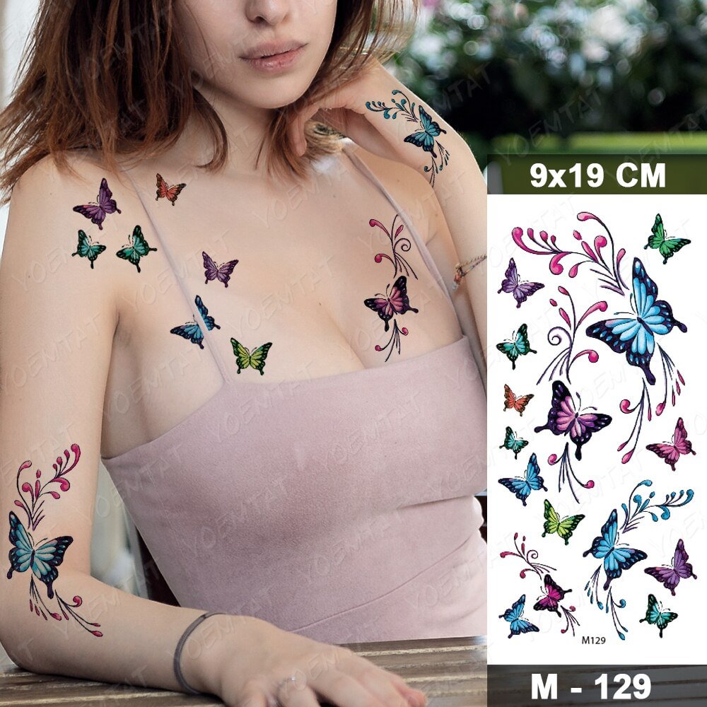 Temporary Tattoos Sticker For Women Body Art Tattoo Sticker 3d Butterfly Rose Flower Feather Tattoo Waterproof Halloween Gift