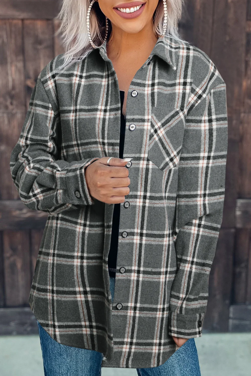 Gray Plaid Button Up Long Sleeve Shirt with Pocket | IFYHOME