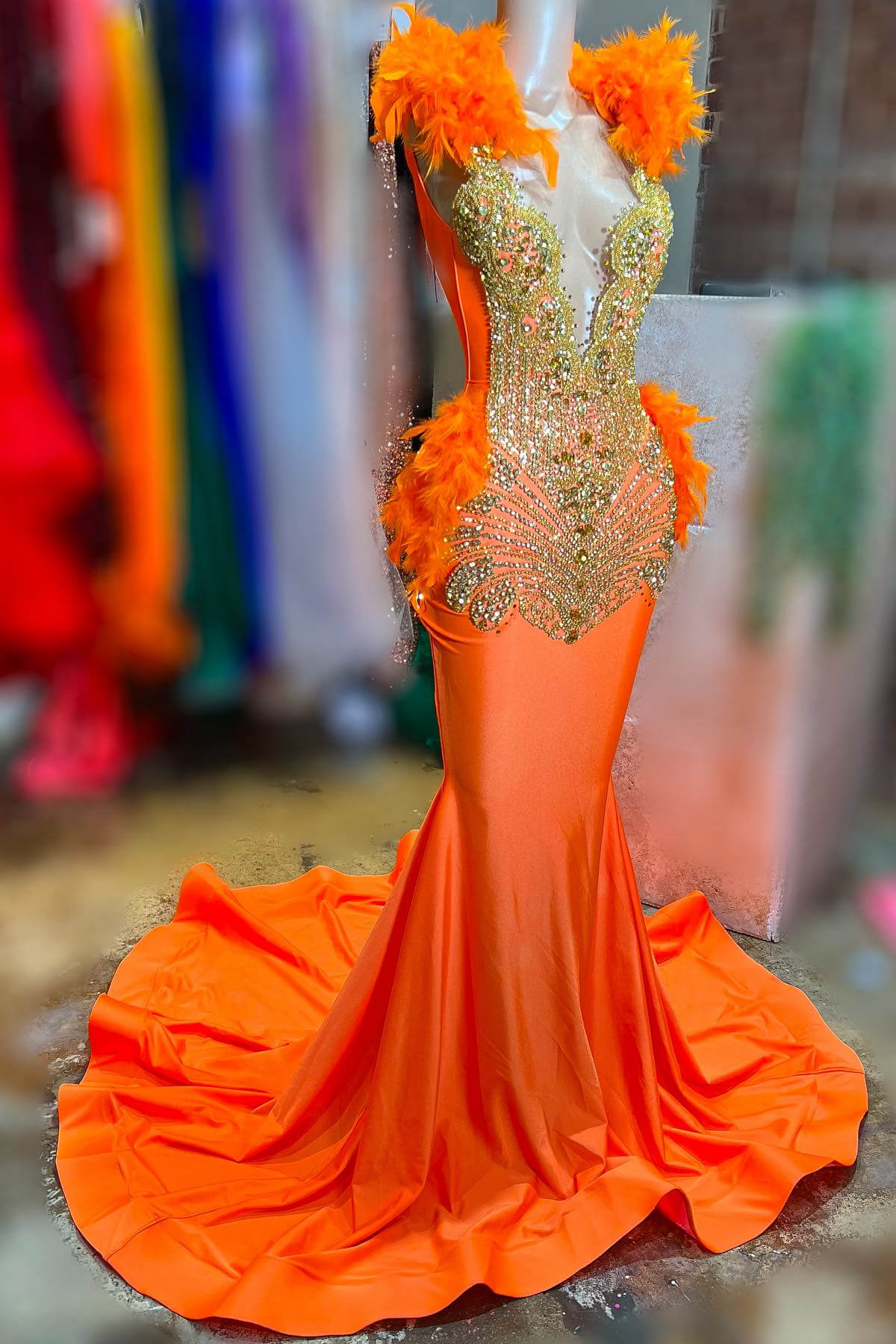 Glamorous Orange Scoop Sleeveless Mermaid Formal Dresses With Crystals Beadings Feathers - lulusllly