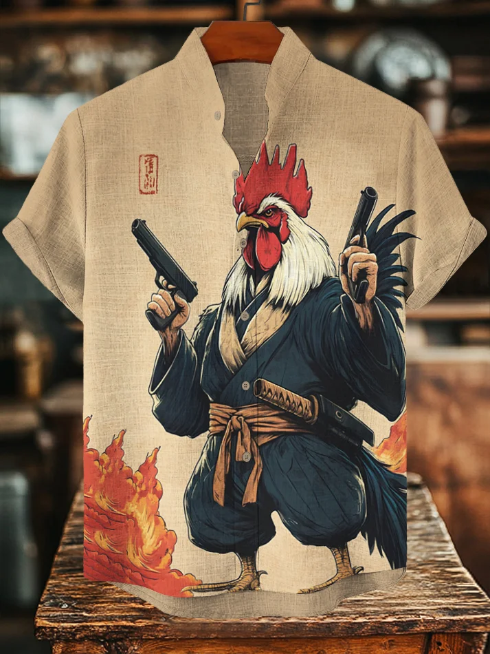 Men's Japanese Chicken Samurai Holding Guns Print Short Sleeve Shirt