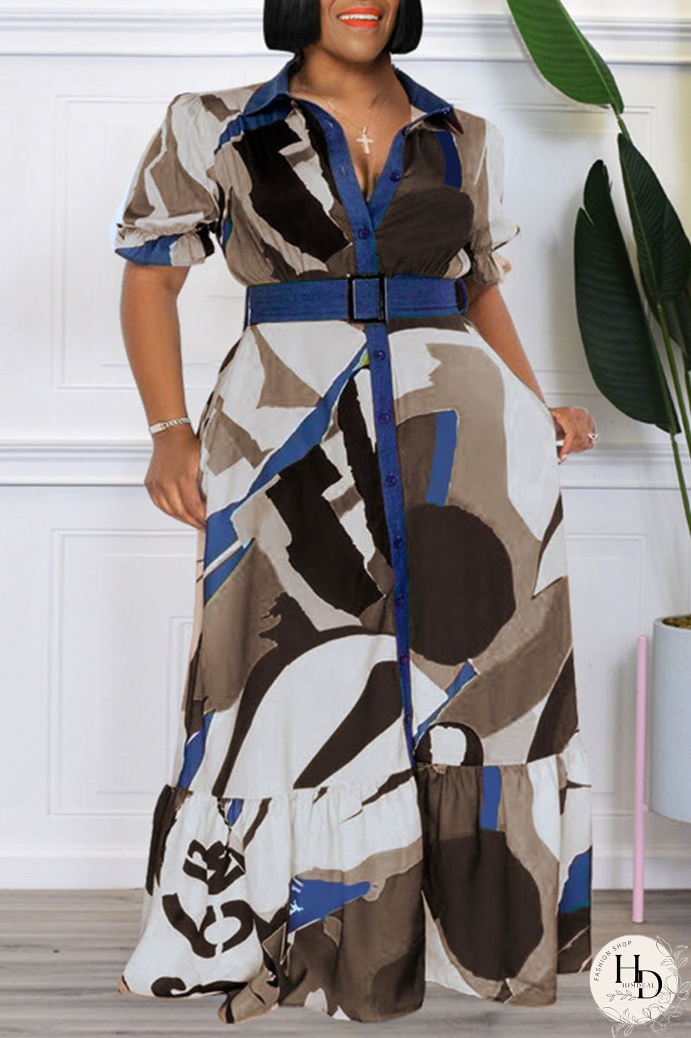 Tangerine Casual Print Patchwork Buckle Turndown Collar Straight Plus Size Dresses