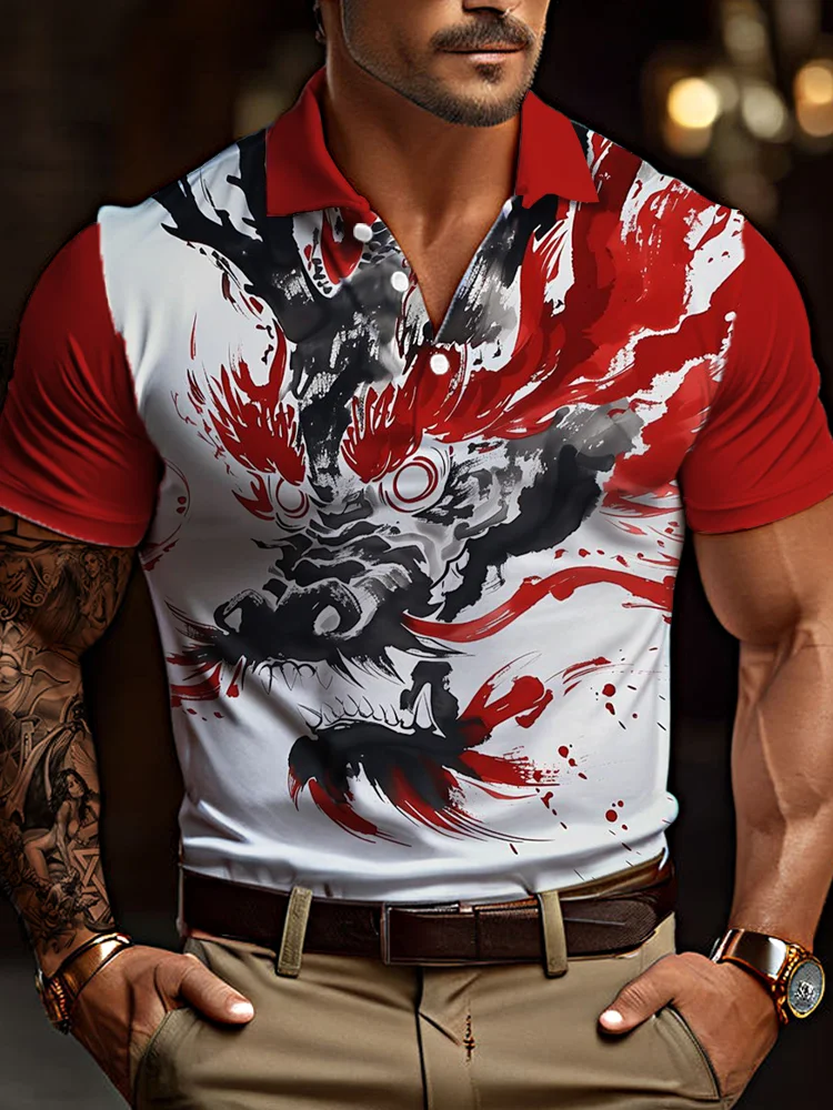 Abstract Red And Black Ink Painting Dragon Totem Printing Short Sleeve Polo BestDVibe
