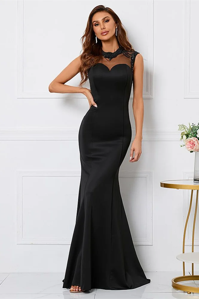 Daisda Black Mermaid Sleeveless Evening Dress High Collar With Beadings Online