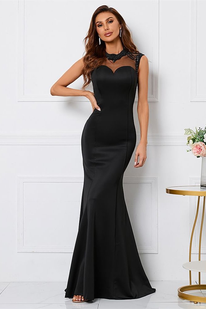 Daisda Black Mermaid Sleeveless Evening Dress High Collar With Beadings Online Daisda