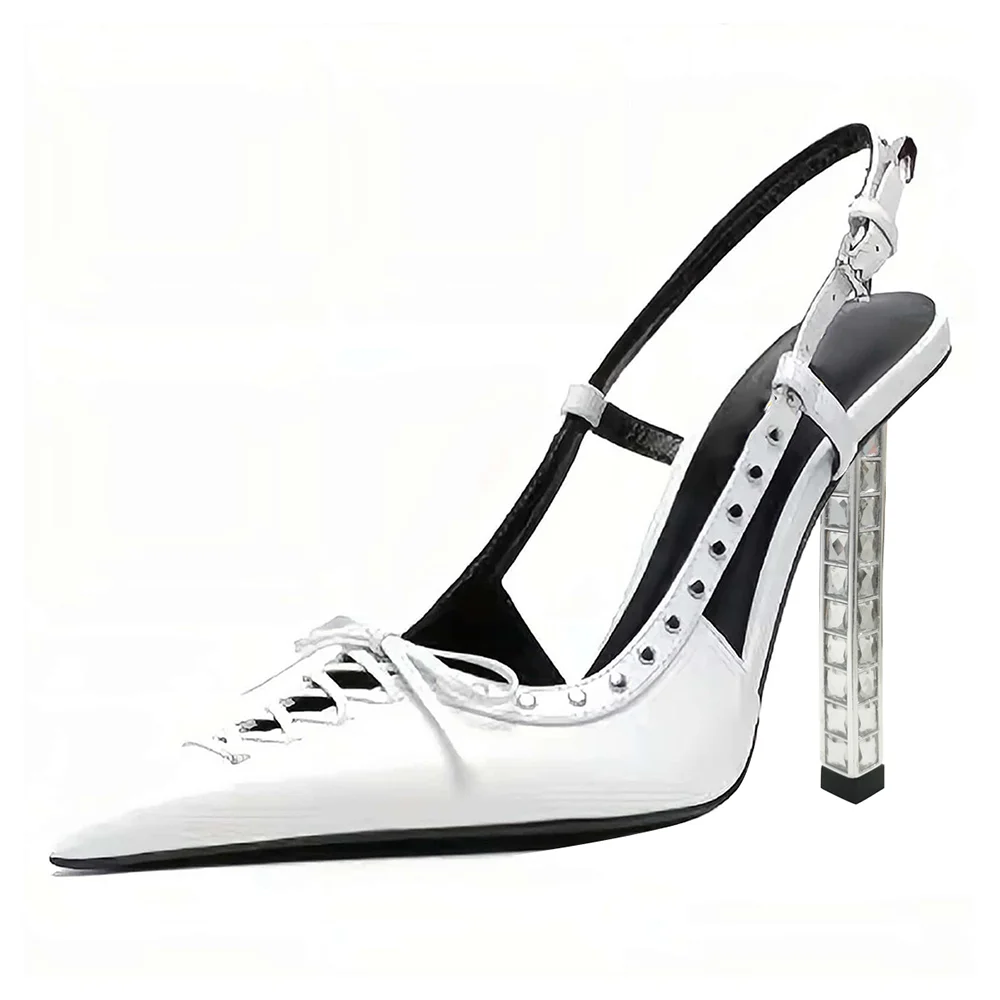 White Vegan Leather Pointed Toe Lace Up Studs Slingback Pumps with Decorative Heels Nicepairs